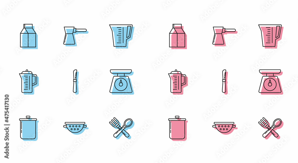 Set line Cooking pot, Kitchen colander, Paper package for milk, Crossed fork spoon, Knife, Scales, Teapot and Coffee turk icon. Vector