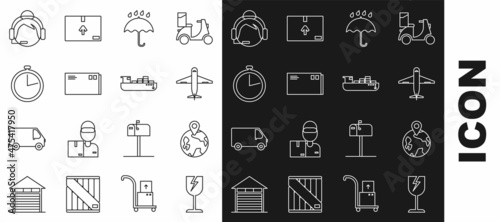 Set line Fragile broken glass symbol, Worldwide, Plane, Umbrella and rain drops, Envelope, Stopwatch, Support operator touch and Cargo ship with boxes delivery service icon. Vector