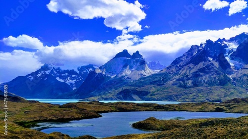Scenic view of mountains peaks and lake landscape at Torres del Paine National Park, Chile.