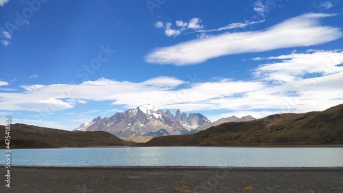 Beautiful mountains peaks and lake landscape. Torres del Paine National Park, Chile.