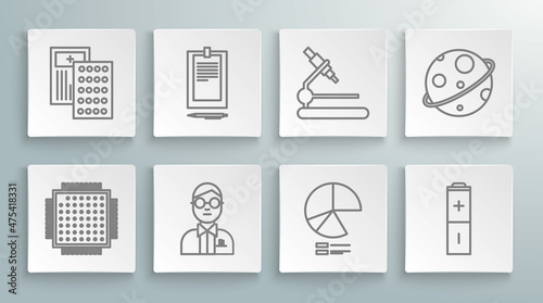 Set line Processor, Clipboard with document, Scientist, Pie chart infographic, Battery, Microscope, Planet and Pills blister pack icon. Vector