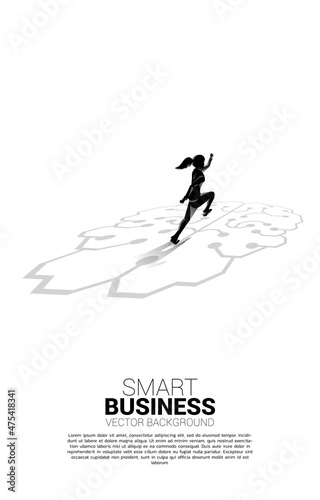 businesswoman running on brain icon graphic on floor. icon for business planning and strategy thinking