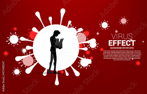 Unemployment man walk away with particle of virus outbreak background. Concept for economic crisis from virus outbreak.