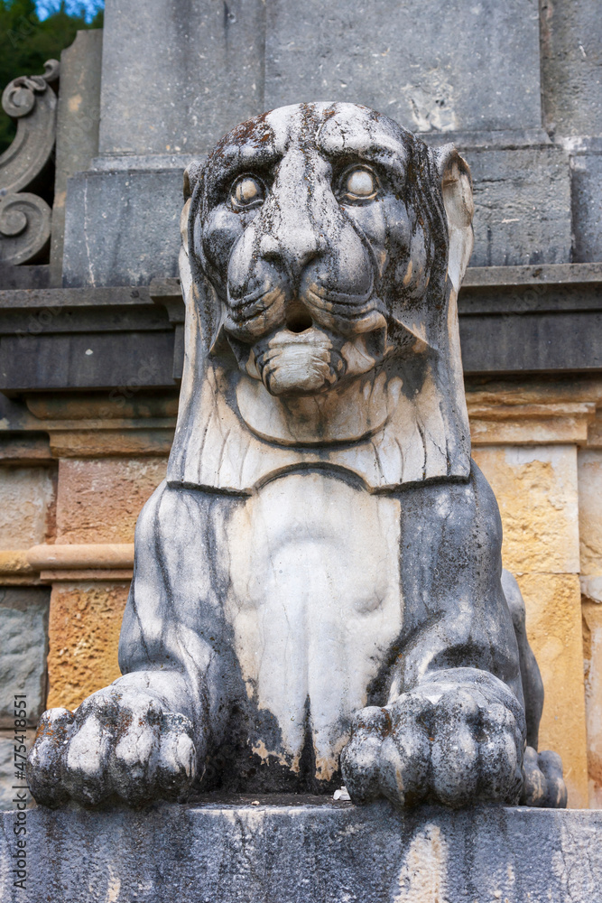 Sinaia, Romania. Peles Castle. Statue of lion.