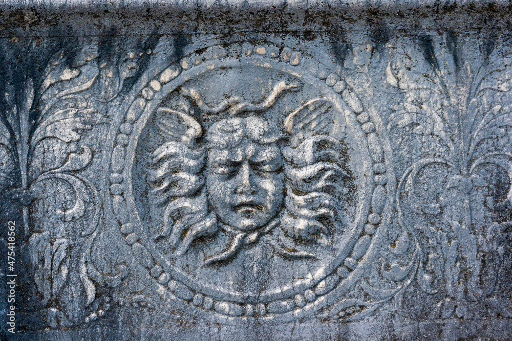 Sinaia, Romania. Peles Castle. Carving of Medusa head.