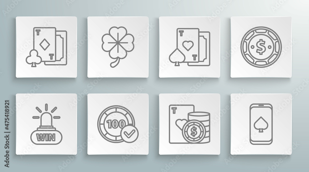 Set line Casino win, Four leaf clover, chips, and playing cards, Online poker table game, Playing with heart, dollar and diamonds icon. Vector Set line Casino win, Four leaf clover, chips, and playing cards, Online poker table game, Playing with heart, dollar and diamonds icon. Vector
