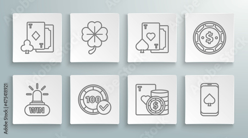 Set line Casino win, Four leaf clover, chips, and playing cards, Online poker table game, Playing with heart, dollar and diamonds icon. Vector
