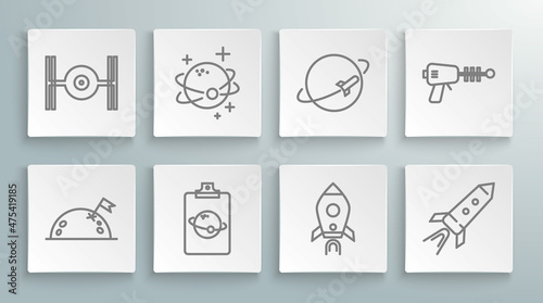 Set line Planet with flag, Rocket ship fire, Ray gun and Cosmic icon. Vector