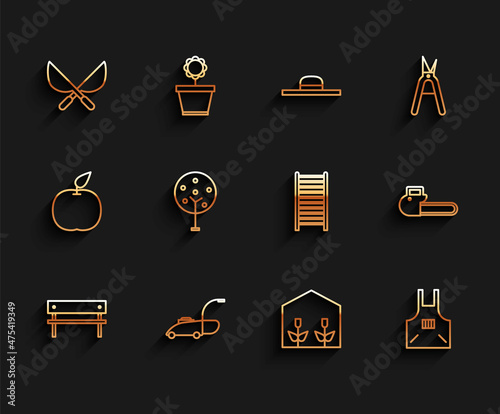 Set line Bench, Lawn mower, Gardening handmade scissors, Home greenhouse plants, Kitchen apron, Tree, Chainsaw and Wooden staircase icon. Vector