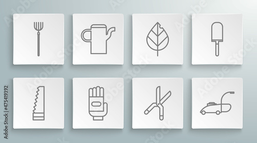 Set line Garden saw, Watering can, gloves, Gardening handmade scissors, Lawn mower, Leaf, trowel spade shovel and pitchfork icon. Vector