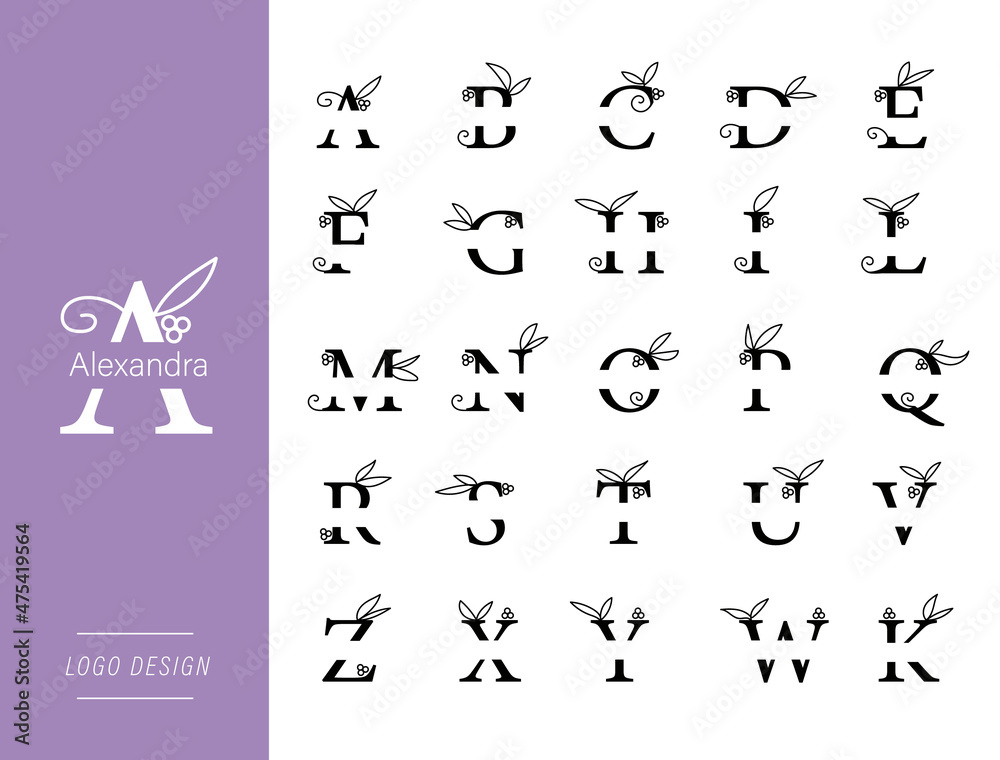 Letters logo design set with leaf grape and flowers