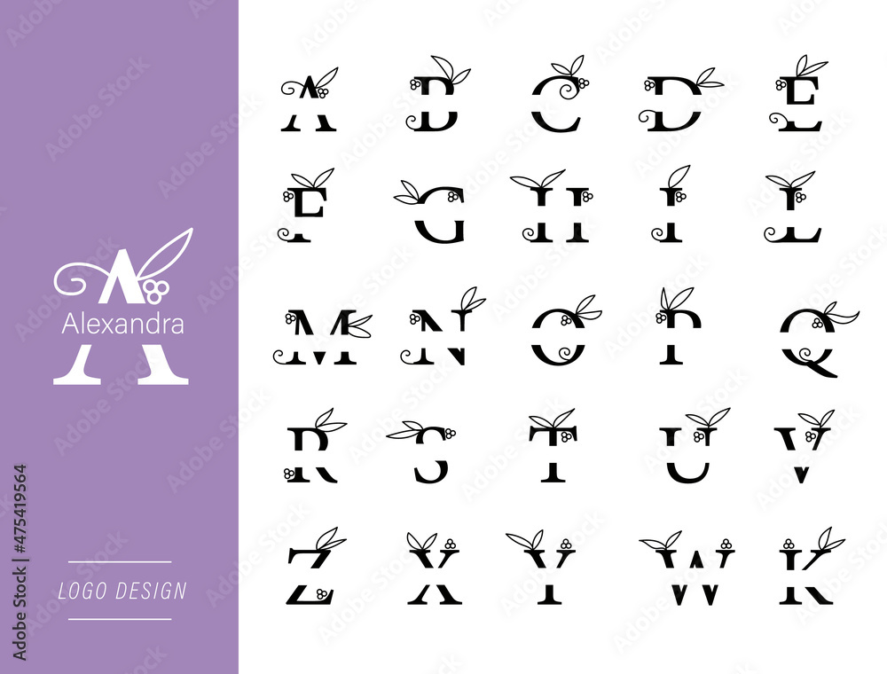 Letters logo design set with leaf grape and flowers Letters logo design set with leaf grape and flowers