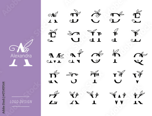 Letters logo design set with leaf grape and flowers