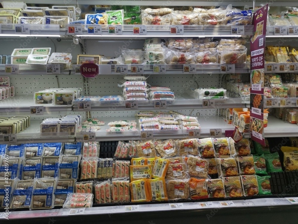 Varieties of difference kinds and brands of Asian Tofu is displayed on