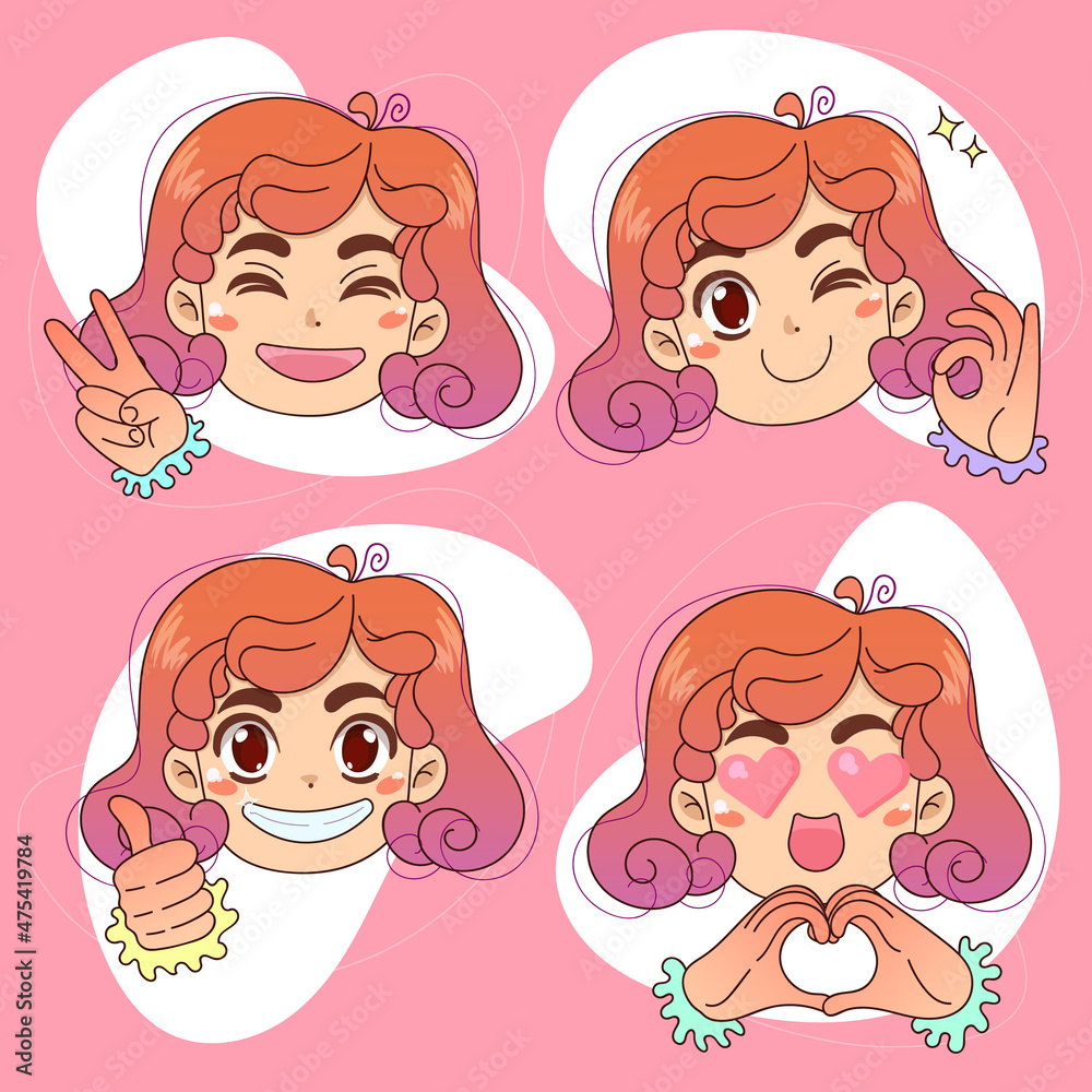 Positive emotions of cute character. Kawaii girl. Hand signs. Vector illustration. Positive emotions of cute character. Kawaii girl. Hand signs. Vector illustration.