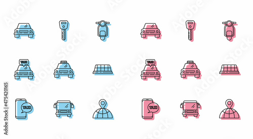 Set line Taxi call telephone service, Bus, Car, Location the globe, car, roof, and key icon. Vector