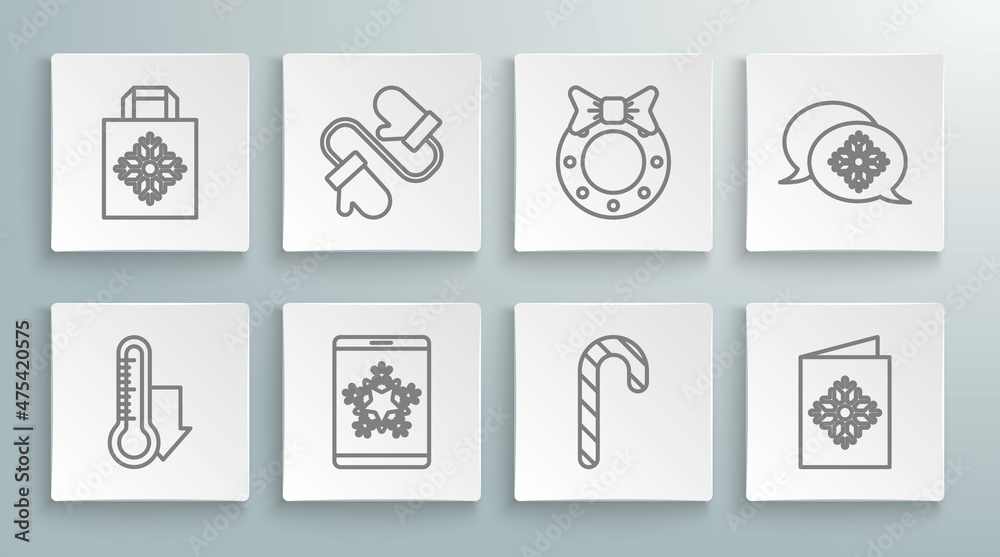 Set line Meteorology thermometer measuring, Christmas on smartphone and snowflake, candy cane with stripes, postcard, wreath, Snowflake speech bubble and paper shopping bag icon. Vector Set line Meteorology thermometer measuring, Christmas on smartphone and snowflake, candy cane with stripes, postcard, wreath, Snowflake speech bubble and paper shopping bag icon. Vector