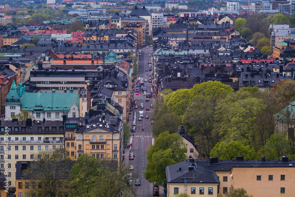 Sweden, Stockholm, Kungsholmen neighborhood, high angle view of Hantverkargatan street from Stockholm City Hall