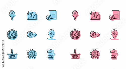 Set line Shopping basket, Price tag with dollar, Lead management, Smartphone, mobile phone, Coin money symbol, Cash location, Target and Envelope coin icon. Vector