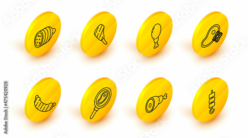 Set line Grilled shish kebab on skewer stick, Chicken leg, Steak meat in frying pan, Sausage, Fresh frozen steak, Rib eye and Salami sausage icon. Vector