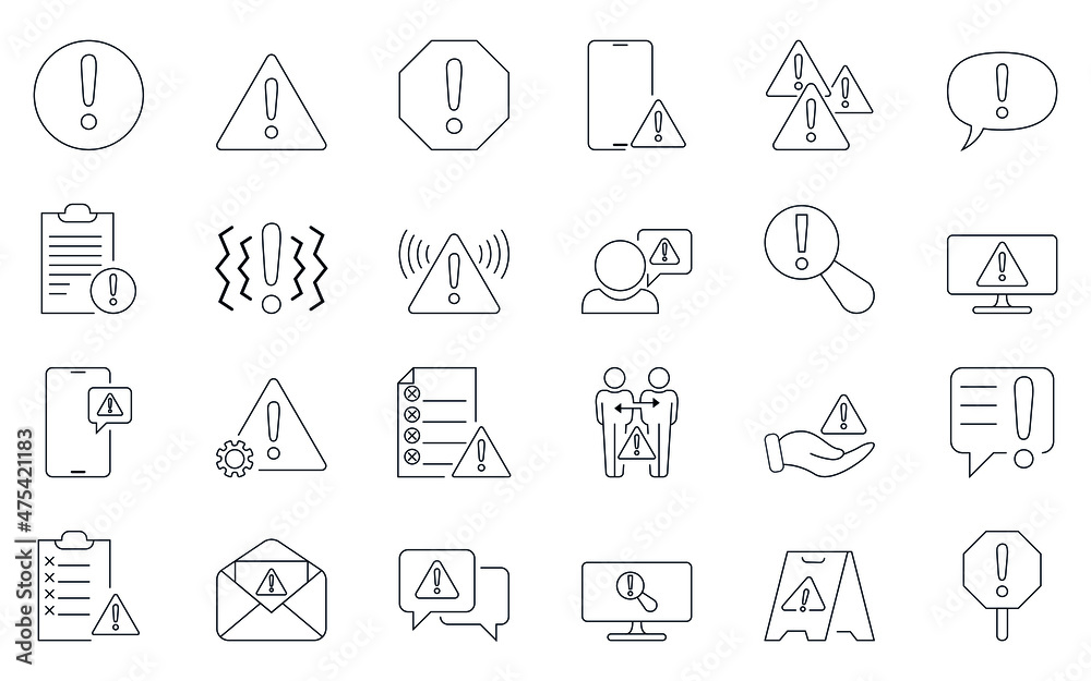 Warning icons line set. Contains such icons as alert, exclamation point, warning sign, danger alert and more. Vector illustration isolated on a white background. Editable Stroke Warning icons line set. Contains such icons as alert, exclamation point, warning sign, danger alert and more. Vector illustration isolated on a white background. Editable Stroke