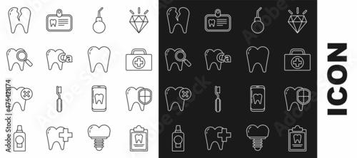 Set line Clipboard with dental card, Dental protection, First aid kit, Enema pear, Calcium for tooth, search, Broken and Tooth icon. Vector
