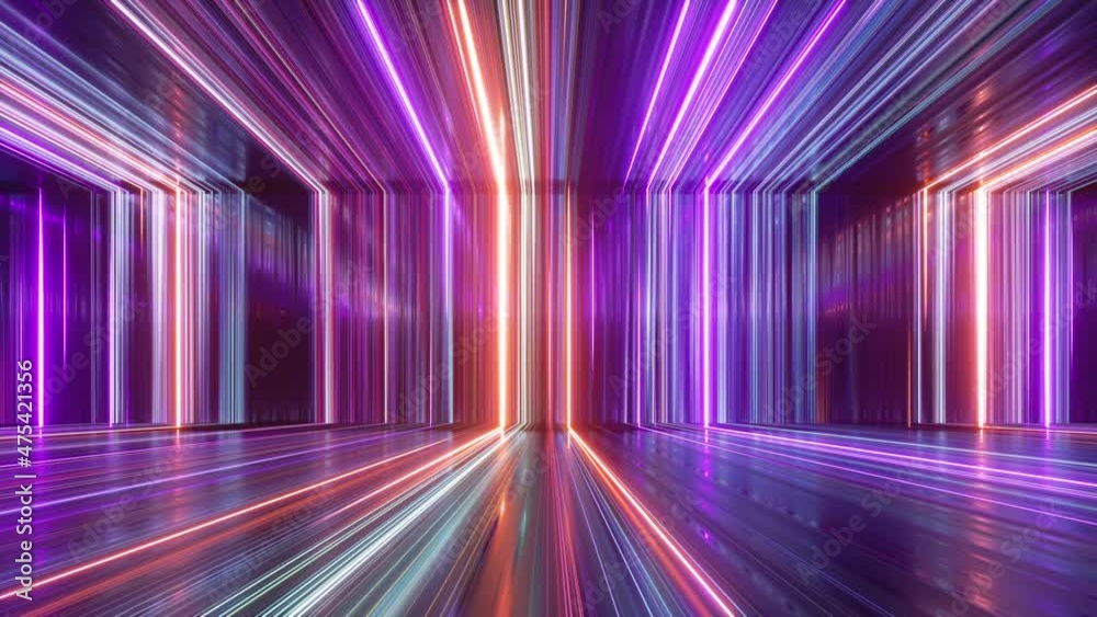 looping 3d animation, abstract neon background with glowing lines, ride inside the endless tunnel