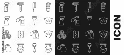Set line Barbershop, Mustache and beard, Hairbrush, Aftershave bottle with atomizer, Hairdresser pistol spray, and icon. Vector