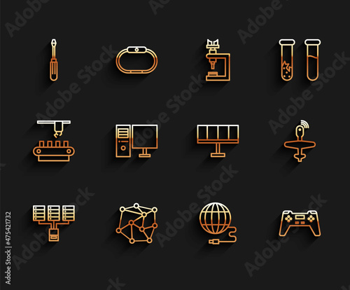 Set line Server, Data, Web Hosting, Neural network, Screwdriver, Social, Gamepad, Computer monitor, UAV Drone and Solar energy panel icon. Vector