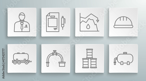 Set line Oil railway cistern, Industry pipe valve, Barrel oil, industrial factory building, Drop crude price, Worker safety helmet and Businessman stock market trader icon. Vector