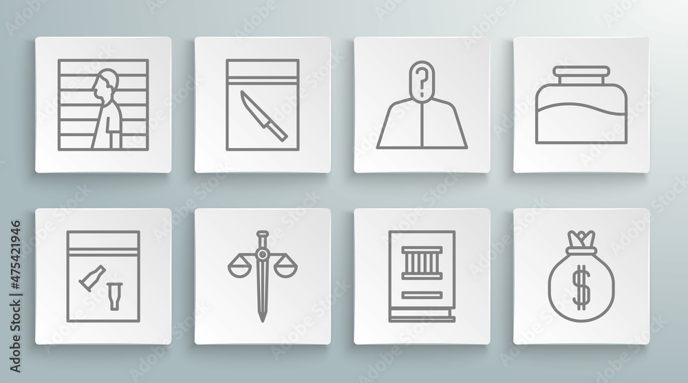 Set line Evidence bag and bullet, knife, Scales of justice, Law book, Money, Anonymous with question mark, Inkwell and Suspect criminal icon. Vector Set line Evidence bag and bullet, knife, Scales of justice, Law book, Money, Anonymous with question mark, Inkwell and Suspect criminal icon. Vector