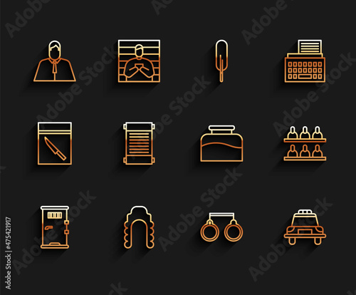 Set line Prison cell door, Judge wig, Lawyer, attorney, jurist, Handcuffs, Police car flasher, Decree, paper, parchment, scroll, Jurors and Inkwell icon. Vector