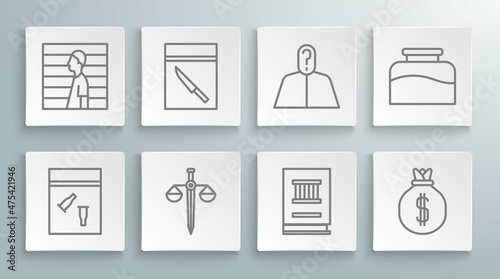 Set line Evidence bag and bullet, knife, Scales of justice, Law book, Money, Anonymous with question mark, Inkwell and Suspect criminal icon. Vector