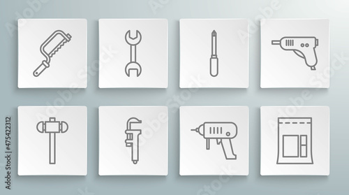 Set line Sledgehammer, Wrench spanner, Calliper or caliper and scale, Electric drill machine, Cement bag, Screwdriver, hot glue gun and Hacksaw icon. Vector