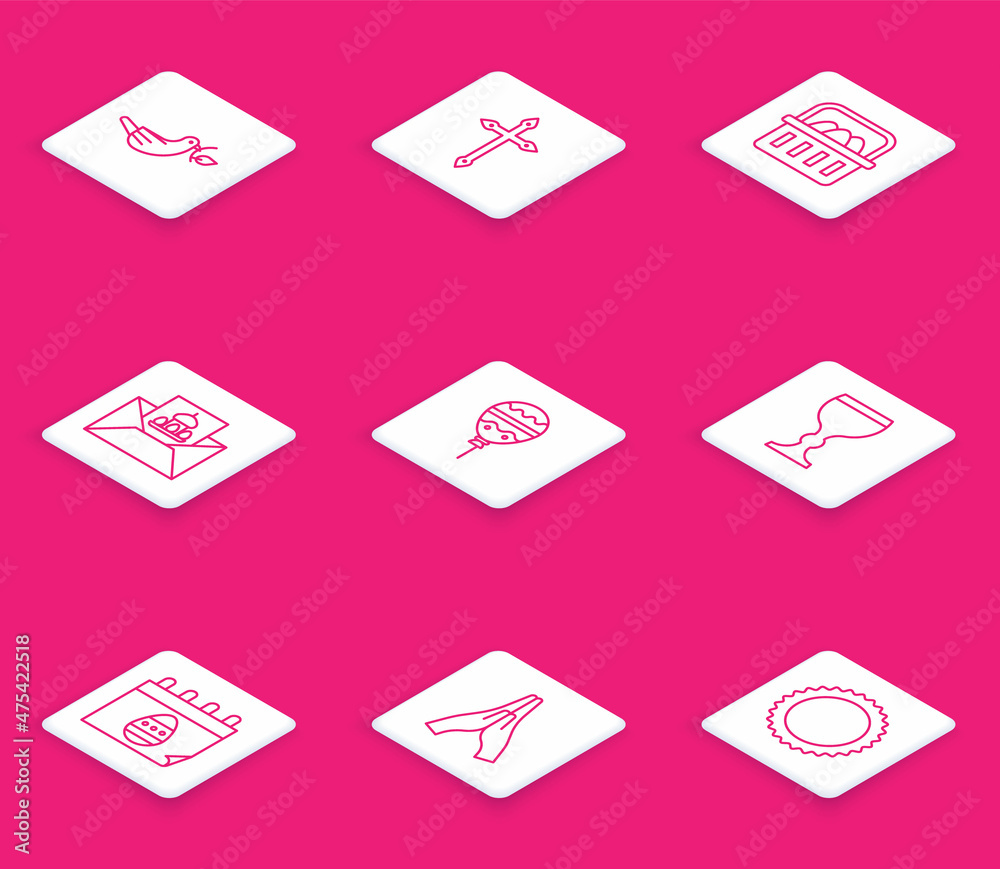 Set line Peace dove with olive branch, Christian cross, Basket easter eggs, Greeting card Happy Easter, Balloons ribbon, Wine glass, Calendar and Hands praying position icon. Vector Set line Peace dove with olive branch, Christian cross, Basket easter eggs, Greeting card Happy Easter, Balloons ribbon, Wine glass, Calendar and Hands praying position icon. Vector