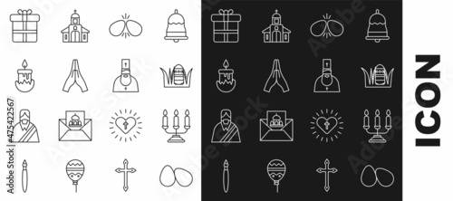 Set line Easter eggs, Candelabrum with candlesticks, Hands in praying position, Burning, Gift box and Priest icon. Vector
