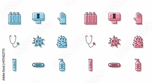 Set line Blood test and virus, Medical protective mask, Bottle of liquid antibacterial soap, Virus, Rabies, Stethoscope and DNA spiral computer icon. Vector