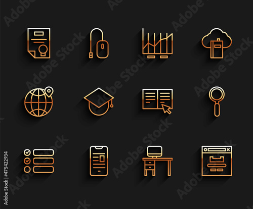 Set line Task list, Online book on mobile, Certificate template, Computer monitor and desk, Browser window, Graduation cap globe, Magnifying glass and icon. Vector