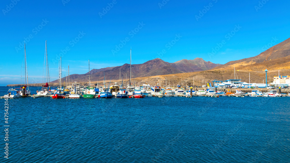 Morro Jable, Spain - December 9, 2018: Panoramic view of Port of Morro Jable on the south coast of Fuerteventura island, Canary Islands, Spain