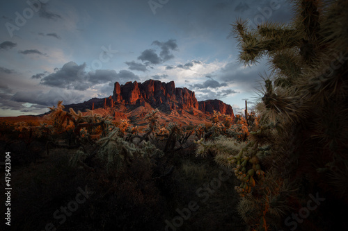 Beautiful shot of the Arizona Superstition Mountains during a gloomy day photo