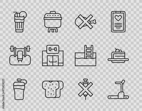 Set line Fitness shaker, Treadmill machine, No meat, Bread toast, Fresh smoothie, Gym building, doping syringe and Cake icon. Vector