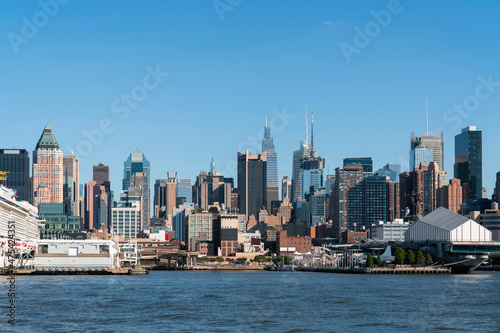 New York City skyline from New Jersey over the Hudson River with the skyscrapers of the Hudson Yards district at day time. Manhattan  Midtown  NYC  USA. A vibrant business neighborhood