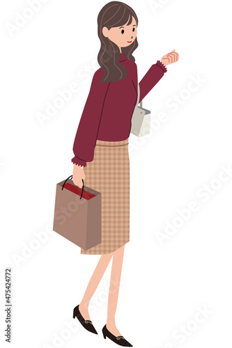アイソメ　ロングヘアの若い女性　買い物