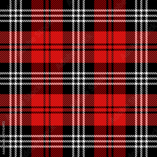 Christmas and new year tartan plaid. Scottish pattern in red, black and white cage. Scottish cage. Traditional Scottish checkered background. Seamless fabric texture. Vector illustration