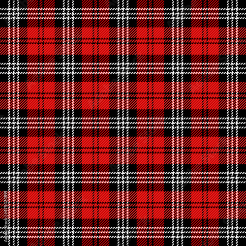 Christmas and new year tartan plaid. Scottish pattern in red, black and white cage. Scottish cage. Traditional Scottish checkered background. Seamless fabric texture. Vector illustration