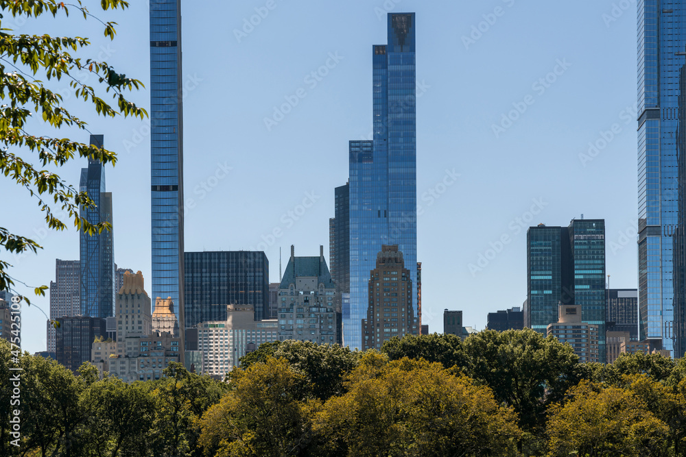 Obraz premium Trees tops of Central Park and Manhattan skyline skyscrapers at day time, New York City, USA