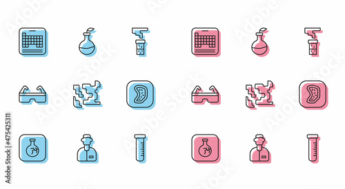Set line Cracked flask, Laboratory assistant, Periodic table, Test tube and, Gaseous, Bacteria, Safety goggle glasses and Plant breeding icon. Vector