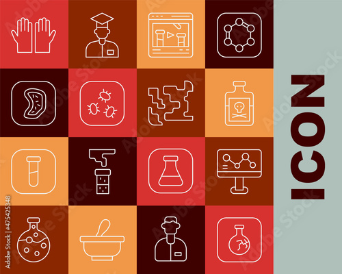 Set line Cracked flask, Chemical formula, Poison in bottle, online, Bacteria, Medical rubber gloves and Gaseous icon. Vector
