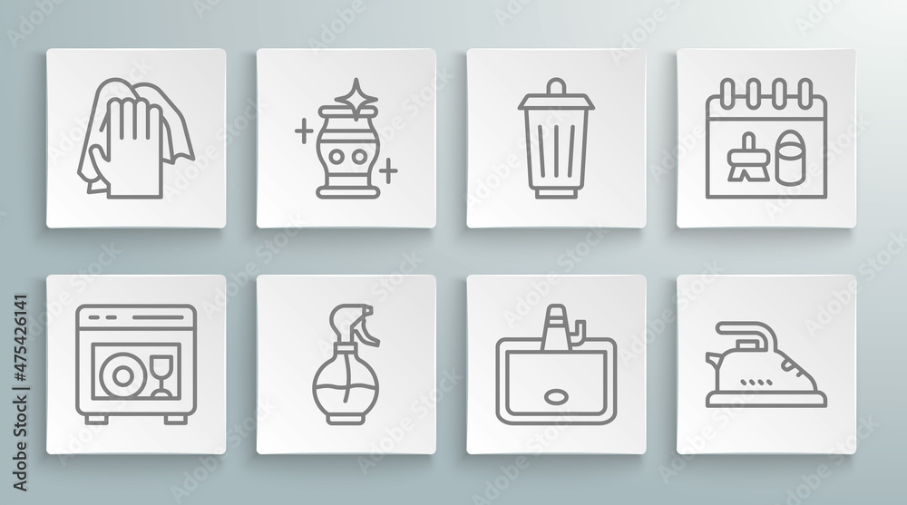 Set line Dishwasher machine, Clean vase, Water spray bottle, Washbasin, Electric iron, Trash can, Cleaning calendar and service icon. Vector Set line Dishwasher machine, Clean vase, Water spray bottle, Washbasin, Electric iron, Trash can, Cleaning calendar and service icon. Vector