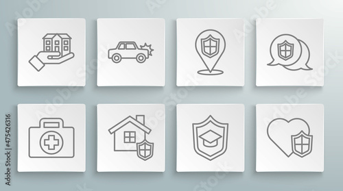 Set line First aid kit, Car, House with shield, Graduation cap, Life insurance, Location, and hand icon. Vector